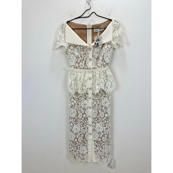 Self Portrait Cream Lace Peplum Midi Dress Wedding Bridal Cocktail US 2 NWT - Picture 6 of 16